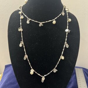 Cookie Lee Necklace Crystal Tear Drop Pearls Silver Tone Color